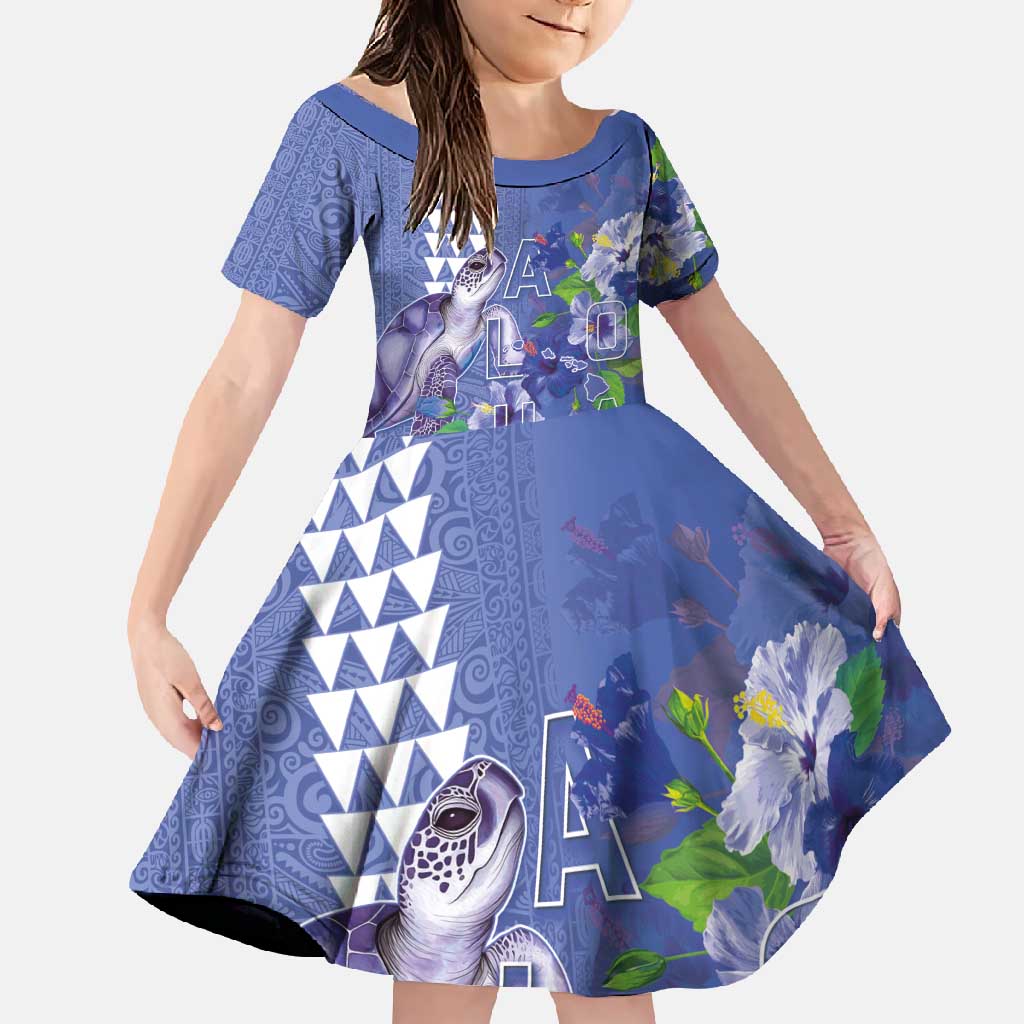 Hawaii Aloha Turtle Hibiscus and Leaves Family Matching Long Sleeve Bodycon Dress and Hawaiian Shirt with Polynesian and Kakau Tattoos Denim Color LT03 Daughter's Dress Blue - Polynesian Pride