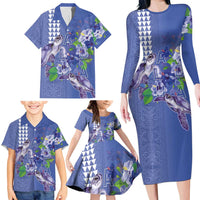 Hawaii Aloha Turtle Hibiscus and Leaves Family Matching Long Sleeve Bodycon Dress and Hawaiian Shirt with Polynesian and Kakau Tattoos Denim Color LT03 - Polynesian Pride