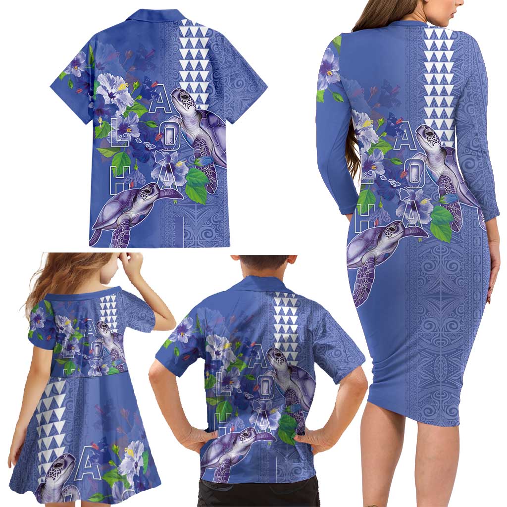 Hawaii Aloha Turtle Hibiscus and Leaves Family Matching Long Sleeve Bodycon Dress and Hawaiian Shirt with Polynesian and Kakau Tattoos Denim Color LT03 - Polynesian Pride