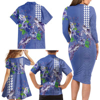 Hawaii Aloha Turtle Hibiscus and Leaves Family Matching Long Sleeve Bodycon Dress and Hawaiian Shirt with Polynesian and Kakau Tattoos Denim Color LT03 - Polynesian Pride