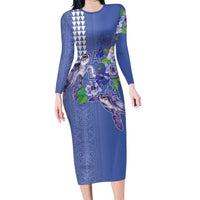 Hawaii Aloha Turtle Hibiscus and Leaves Family Matching Long Sleeve Bodycon Dress and Hawaiian Shirt with Polynesian and Kakau Tattoos Denim Color LT03 Mom's Dress Blue - Polynesian Pride