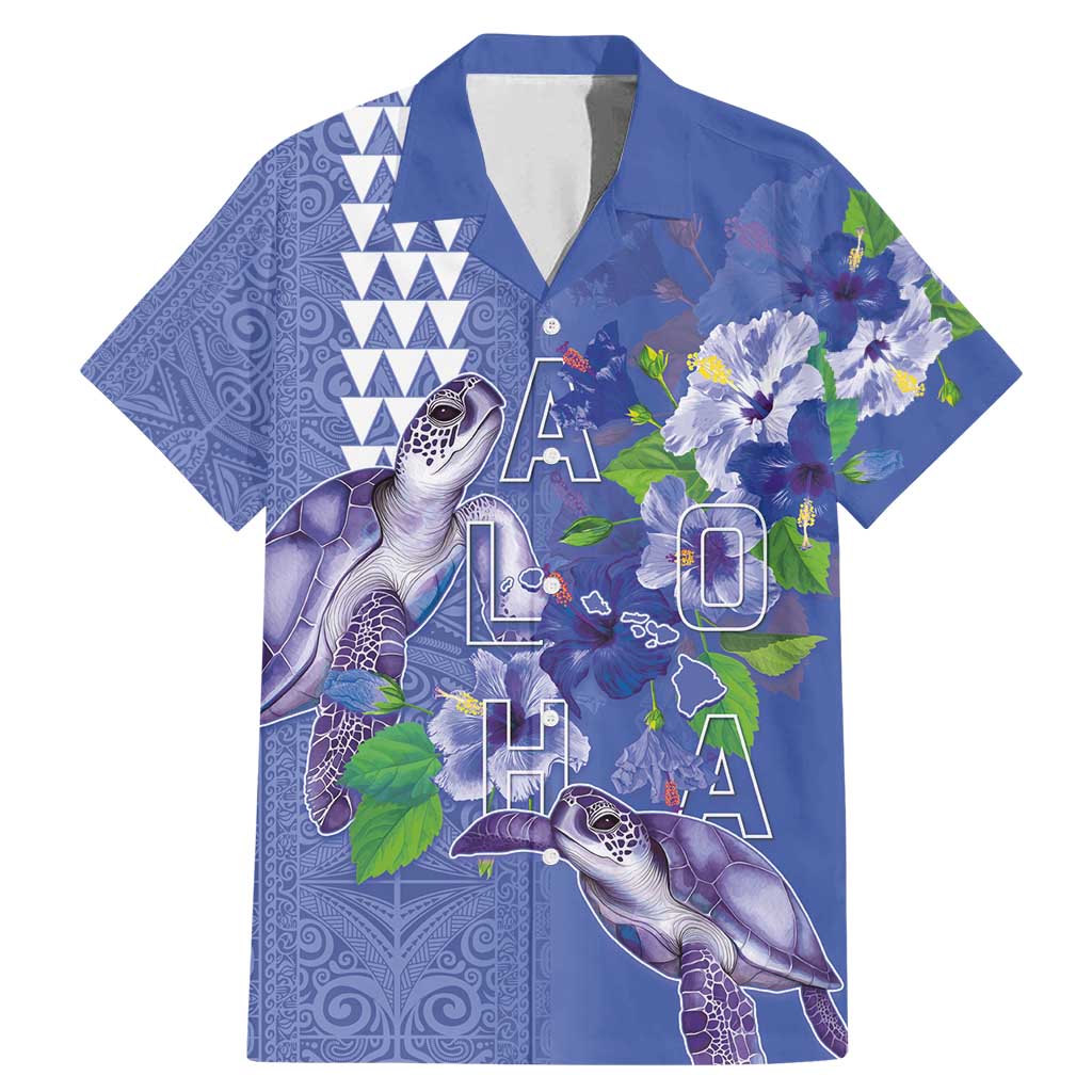 Hawaii Aloha Turtle Hibiscus and Leaves Family Matching Mermaid Dress and Hawaiian Shirt with Polynesian and Kakau Tattoos Denim Color LT03 Dad's Shirt - Short Sleeve Blue - Polynesian Pride