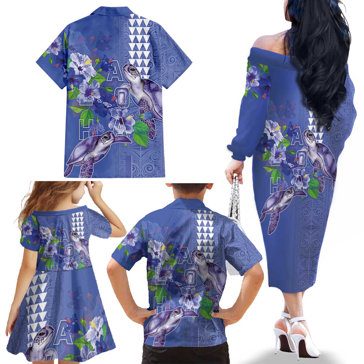 Hawaii Aloha Turtle Hibiscus and Leaves Family Matching Off The Shoulder Long Sleeve Dress and Hawaiian Shirt with Polynesian and Kakau Tattoos Denim Color - Polynesian Pride