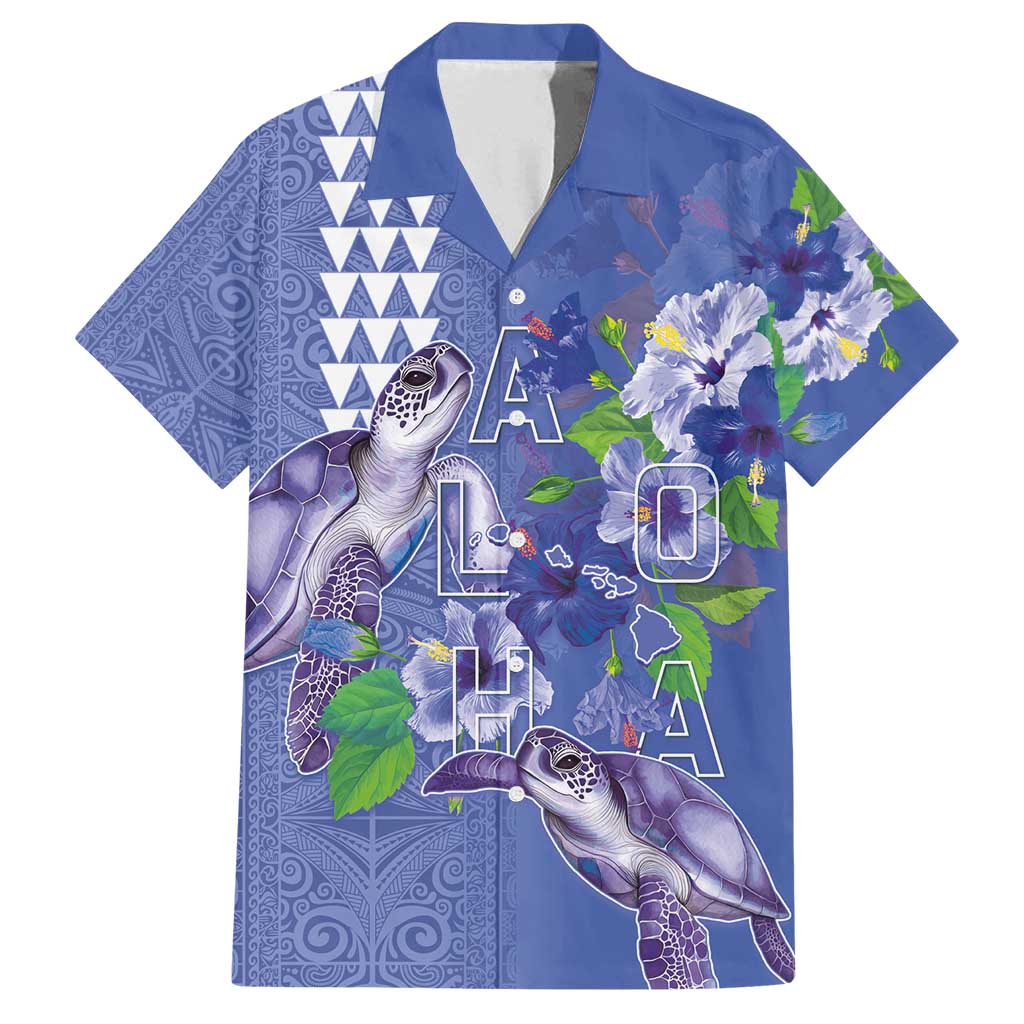 Hawaii Aloha Turtle Hibiscus and Leaves Family Matching Off Shoulder Maxi Dress and Hawaiian Shirt with Polynesian and Kakau Tattoos Denim Color LT03 Dad's Shirt - Short Sleeve Blue - Polynesian Pride