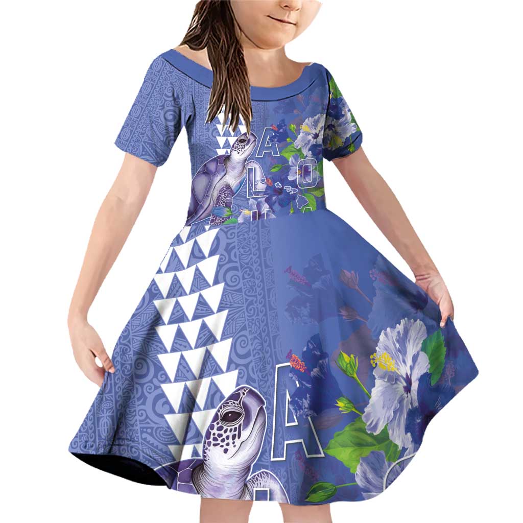 Hawaii Aloha Turtle Hibiscus and Leaves Family Matching Off Shoulder Short Dress and Hawaiian Shirt with Polynesian and Kakau Tattoos Denim Color LT03 Daughter's Dress Blue - Polynesian Pride