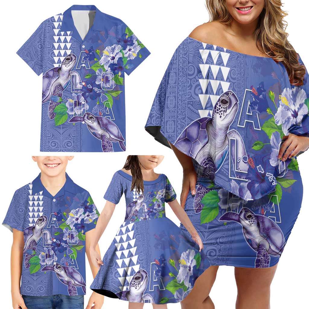 Hawaii Aloha Turtle Hibiscus and Leaves Family Matching Off Shoulder Short Dress and Hawaiian Shirt with Polynesian and Kakau Tattoos Denim Color LT03 - Polynesian Pride