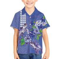 Hawaii Aloha Turtle Hibiscus and Leaves Family Matching Off Shoulder Short Dress and Hawaiian Shirt with Polynesian and Kakau Tattoos Denim Color LT03 Son's Shirt Blue - Polynesian Pride