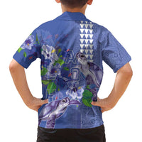 Hawaii Aloha Turtle Hibiscus and Leaves Family Matching Puletasi and Hawaiian Shirt with Polynesian and Kakau Tattoos Denim Color LT03 - Polynesian Pride