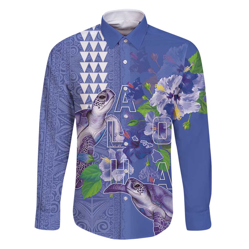 Hawaii Aloha Turtle Hibiscus and Leaves Family Matching Puletasi and Hawaiian Shirt with Polynesian and Kakau Tattoos Denim Color LT03 Dad's Shirt - Long Sleeve Blue - Polynesian Pride