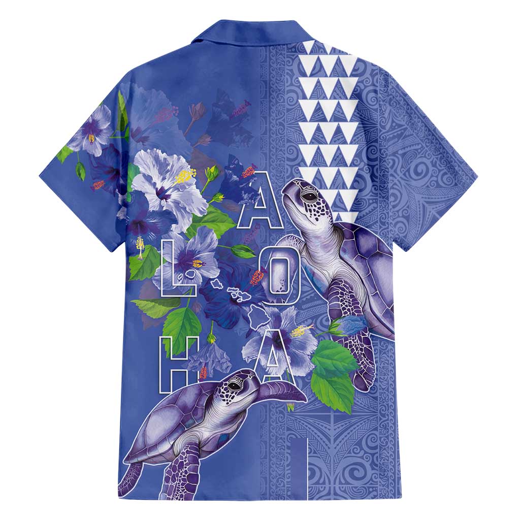 Hawaii Aloha Turtle Hibiscus and Leaves Family Matching Short Sleeve Bodycon Dress and Hawaiian Shirt with Polynesian and Kakau Tattoos Denim Color - Polynesian Pride
