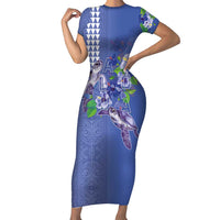 Hawaii Aloha Turtle Hibiscus and Leaves Family Matching Short Sleeve Bodycon Dress and Hawaiian Shirt with Polynesian and Kakau Tattoos Denim Color - Polynesian Pride