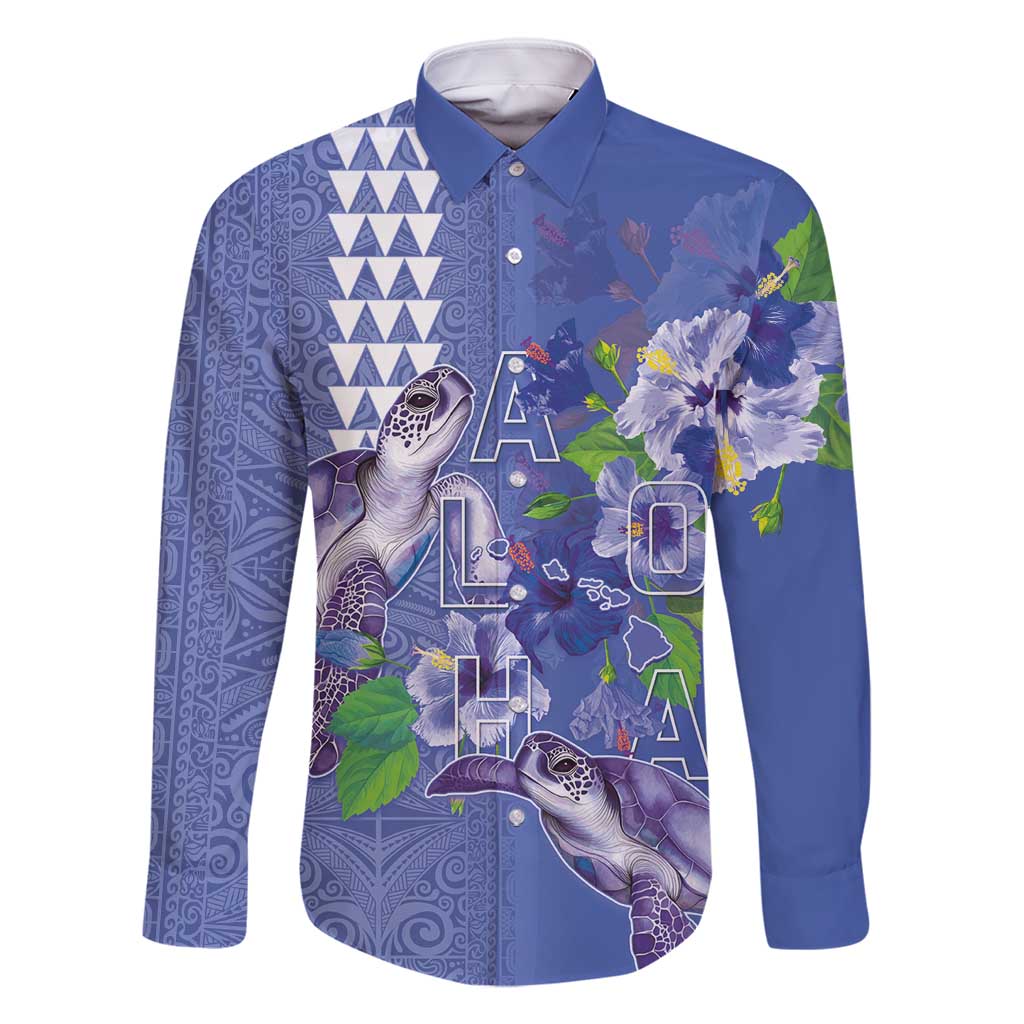 Hawaii Aloha Turtle Hibiscus and Leaves Family Matching Summer Maxi Dress and Hawaiian Shirt with Polynesian and Kakau Tattoos Denim Color LT03 Dad's Shirt - Long Sleeve Blue - Polynesian Pride