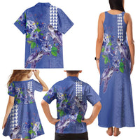 Hawaii Aloha Turtle Hibiscus and Leaves Family Matching Tank Maxi Dress and Hawaiian Shirt with Polynesian and Kakau Tattoos Denim Color LT03 - Polynesian Pride