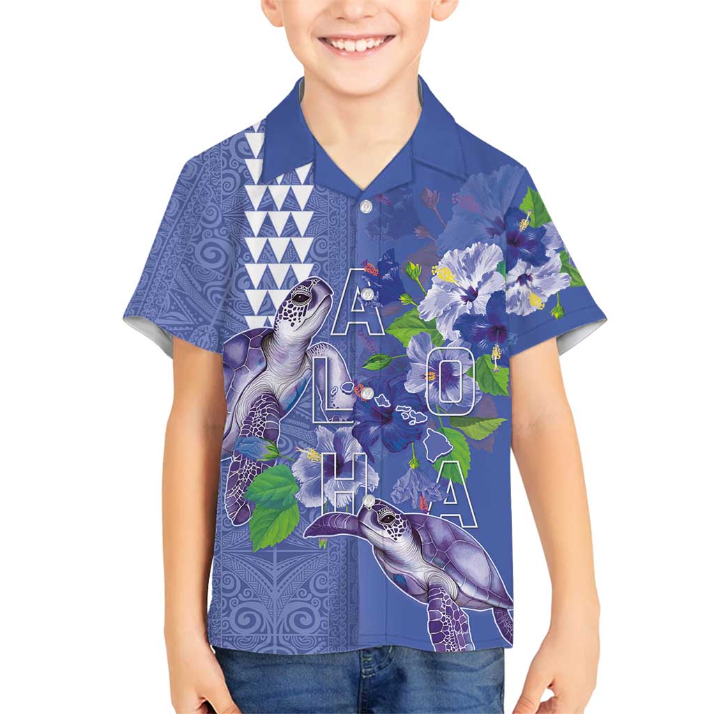 Hawaii Aloha Turtle Hibiscus and Leaves Family Matching Tank Maxi Dress and Hawaiian Shirt with Polynesian and Kakau Tattoos Denim Color LT03 Son's Shirt Blue - Polynesian Pride