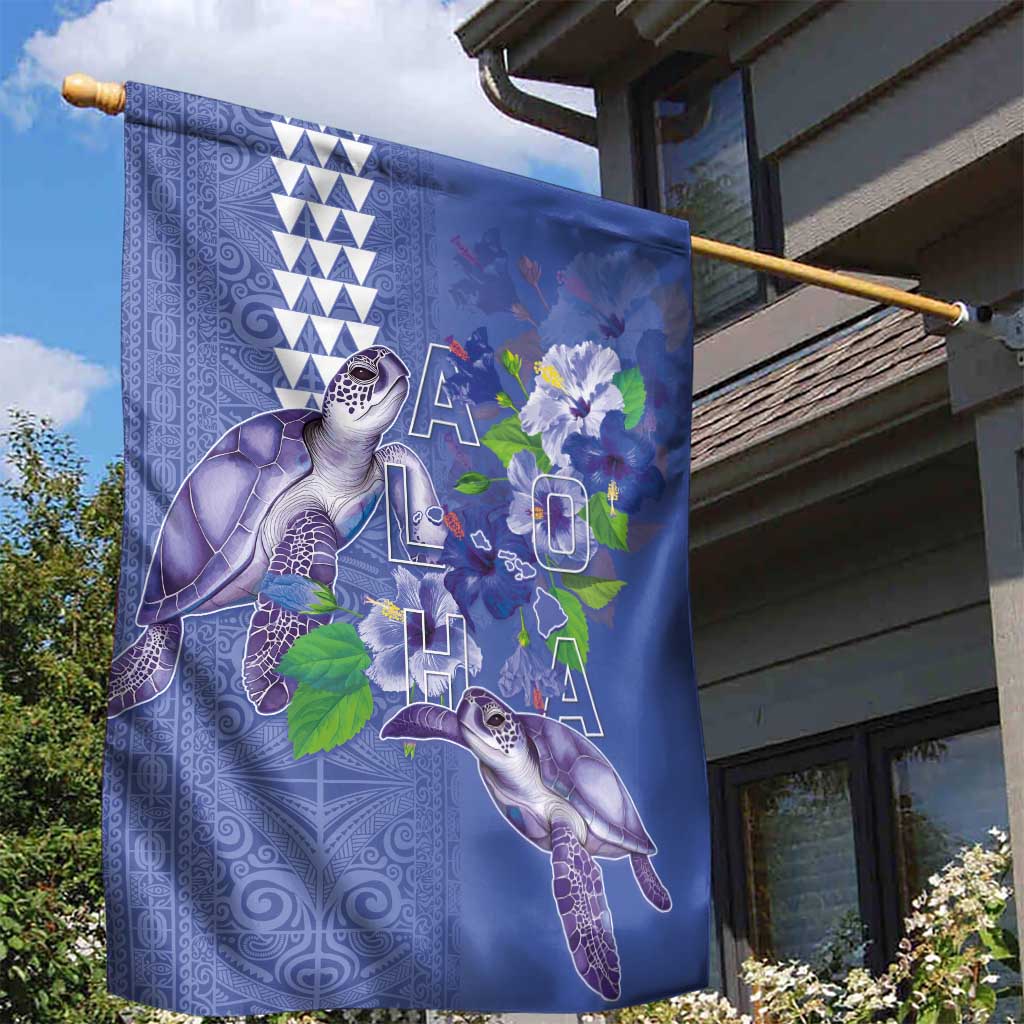 Hawaii Aloha Turtle Hibiscus and Leaves Garden Flag with Polynesian and Kakau Tattoos Denim Color LT03 - Polynesian Pride