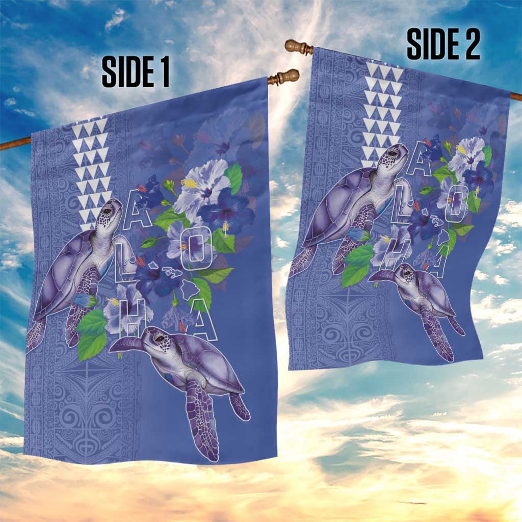 Hawaii Aloha Turtle Hibiscus and Leaves Garden Flag with Polynesian and Kakau Tattoos Denim Color LT03 - Polynesian Pride