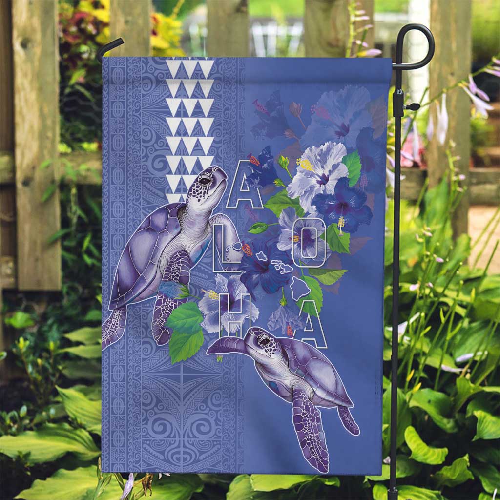Hawaii Aloha Turtle Hibiscus and Leaves Garden Flag with Polynesian and Kakau Tattoos Denim Color LT03 Garden Flag Blue - Polynesian Pride