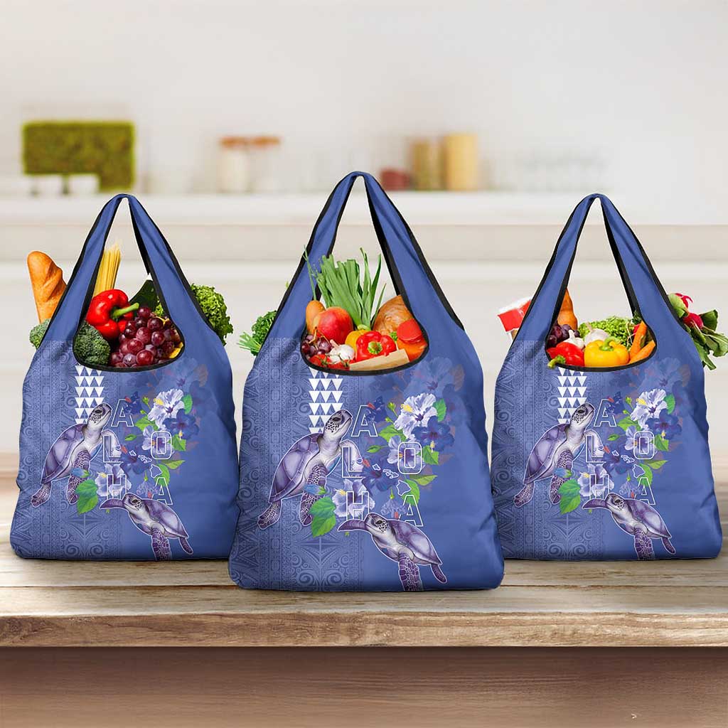 Hawaii Aloha Turtle Hibiscus and Leaves Grocery Bag with Polynesian and Kakau Tattoos Denim Color LT03 3-pack One Size Blue - Polynesian Pride