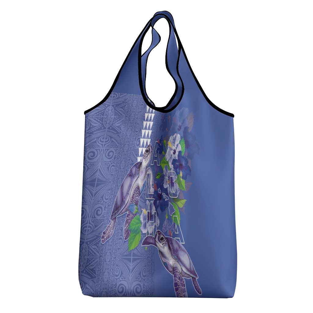 Hawaii Aloha Turtle Hibiscus and Leaves Grocery Bag with Polynesian and Kakau Tattoos Denim Color LT03 - Polynesian Pride