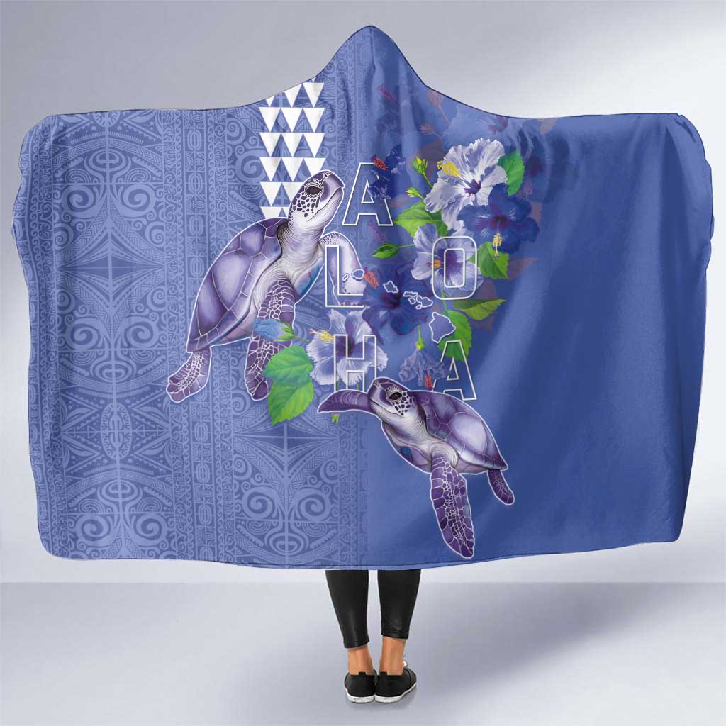 Hawaii Aloha Turtle Hibiscus and Leaves Hooded Blanket with Polynesian and Kakau Tattoos Denim Color LT03 One Size Blue - Polynesian Pride