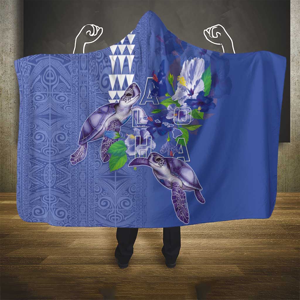 Hawaii Aloha Turtle Hibiscus and Leaves Hooded Blanket with Polynesian and Kakau Tattoos Denim Color LT03 - Polynesian Pride