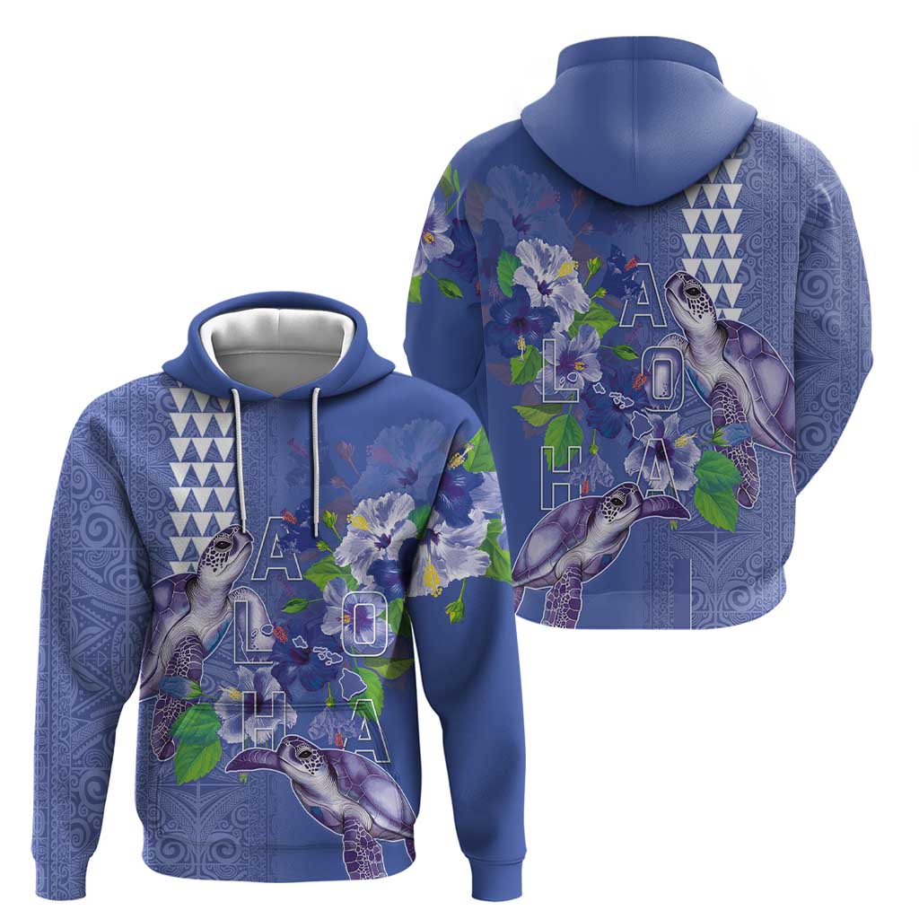 Hawaii Aloha Turtle Hibiscus and Leaves Hoodie with Polynesian and Kakau Tattoos Denim Color LT03 - Polynesian Pride