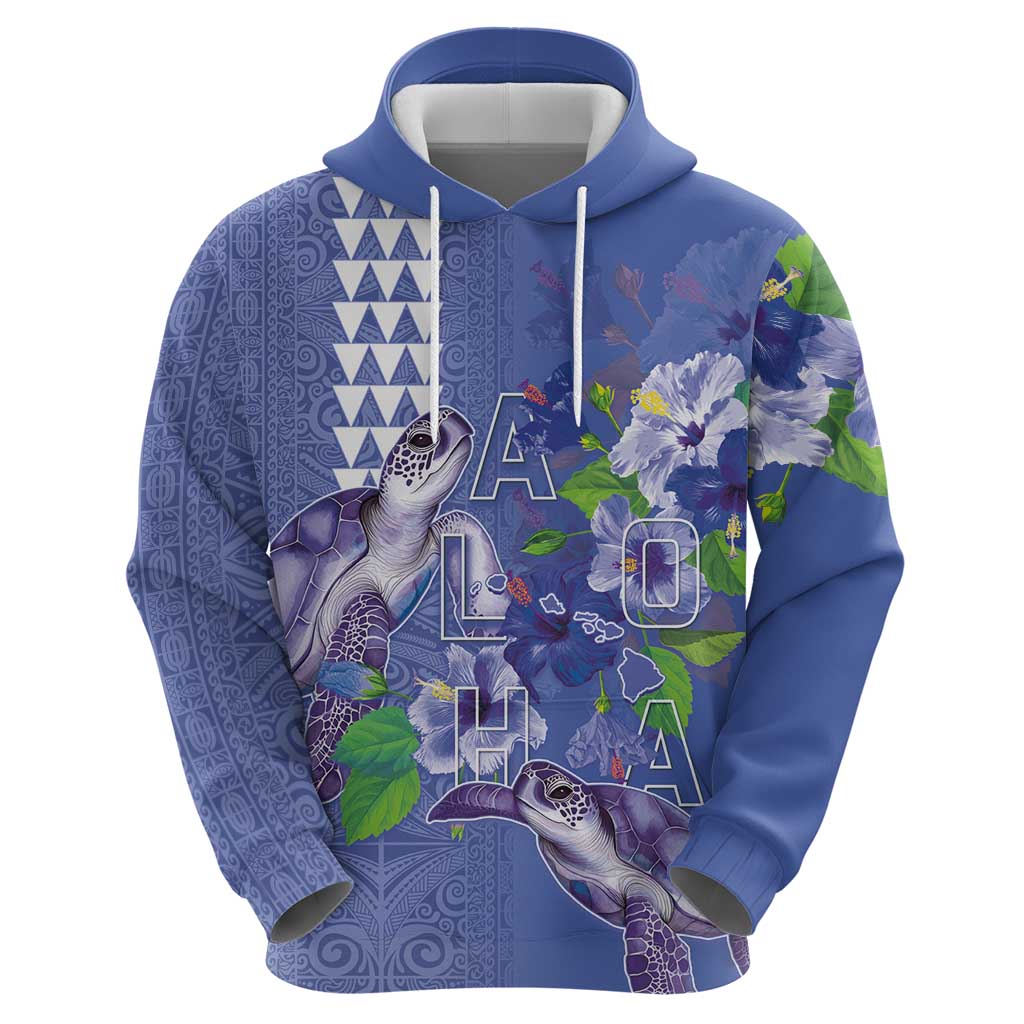 Hawaii Aloha Turtle Hibiscus and Leaves Hoodie with Polynesian and Kakau Tattoos Denim Color LT03 - Polynesian Pride