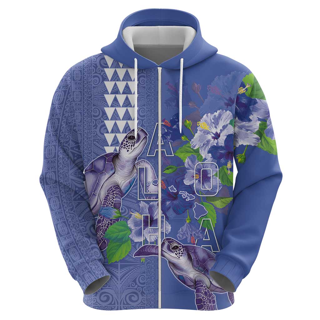 Hawaii Aloha Turtle Hibiscus and Leaves Hoodie with Polynesian and Kakau Tattoos Denim Color LT03 - Polynesian Pride