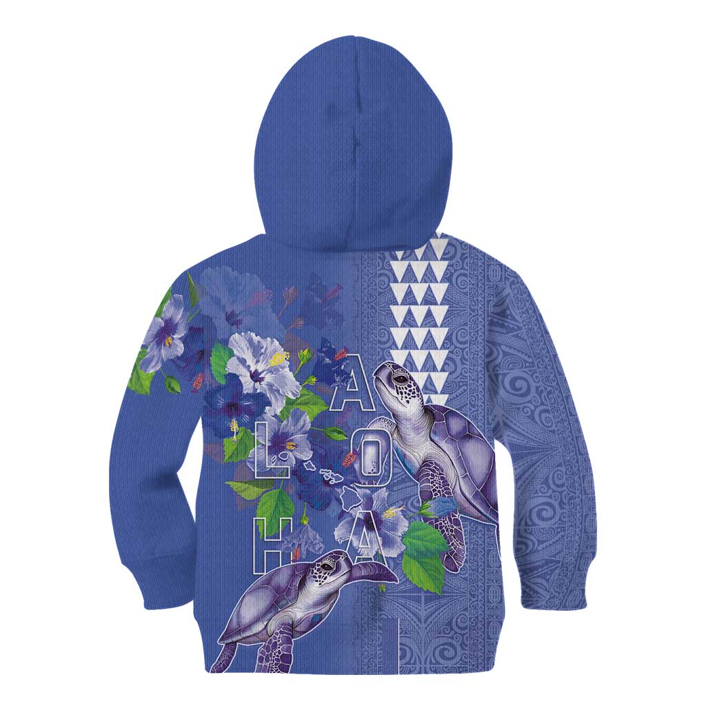 Hawaii Aloha Turtle Hibiscus and Leaves Kid Hoodie with Polynesian and Kakau Tattoos Denim Color LT03 - Polynesian Pride