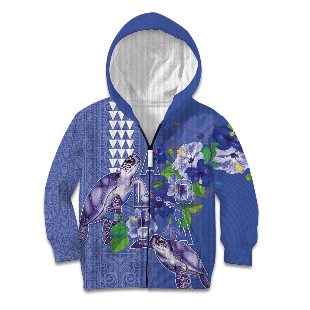 Hawaii Aloha Turtle Hibiscus and Leaves Kid Hoodie with Polynesian and Kakau Tattoos Denim Color LT03 Zip Hoodie Blue - Polynesian Pride