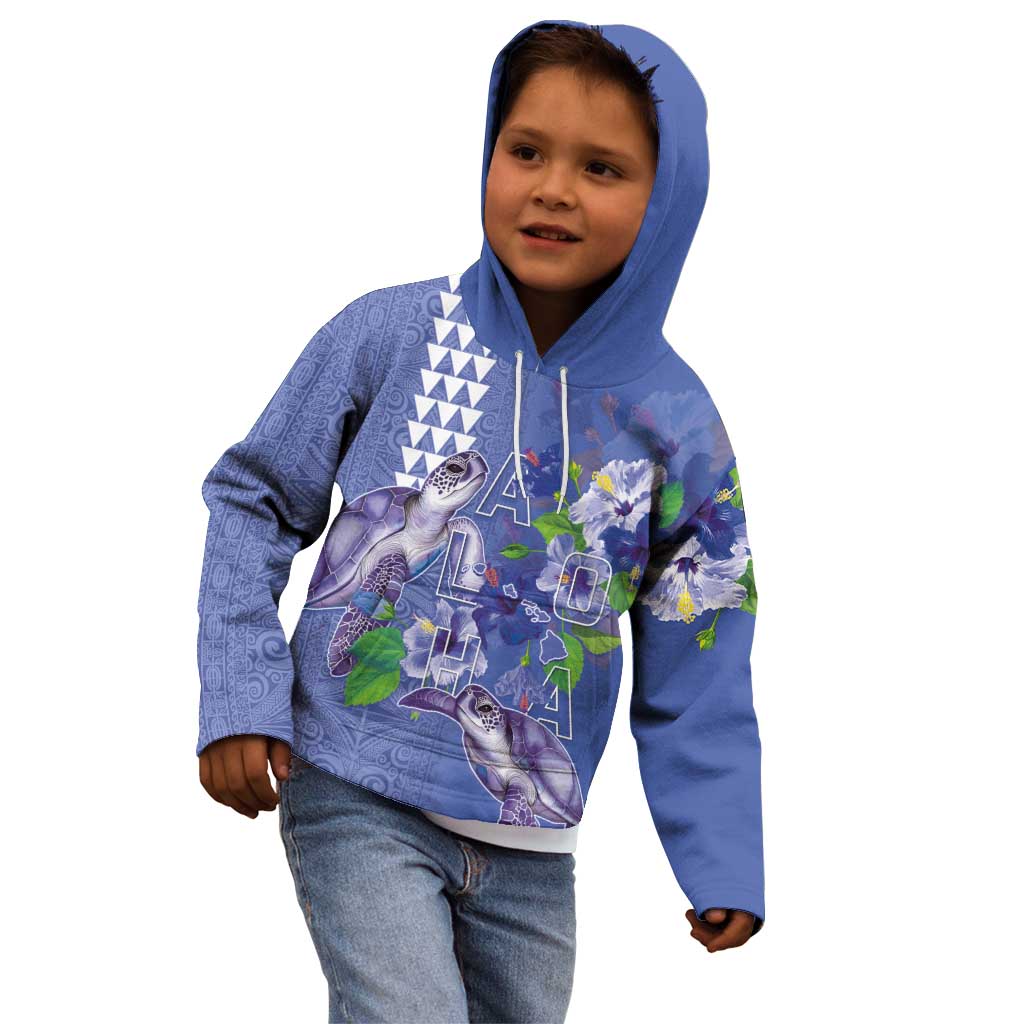 Hawaii Aloha Turtle Hibiscus and Leaves Kid Hoodie with Polynesian and Kakau Tattoos Denim Color LT03 - Polynesian Pride