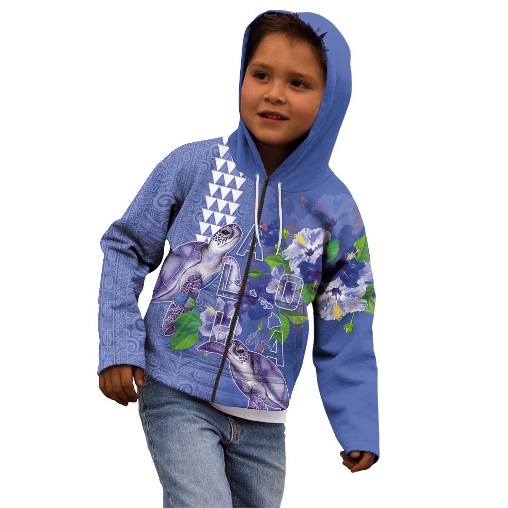 Hawaii Aloha Turtle Hibiscus and Leaves Kid Hoodie with Polynesian and Kakau Tattoos Denim Color LT03 - Polynesian Pride