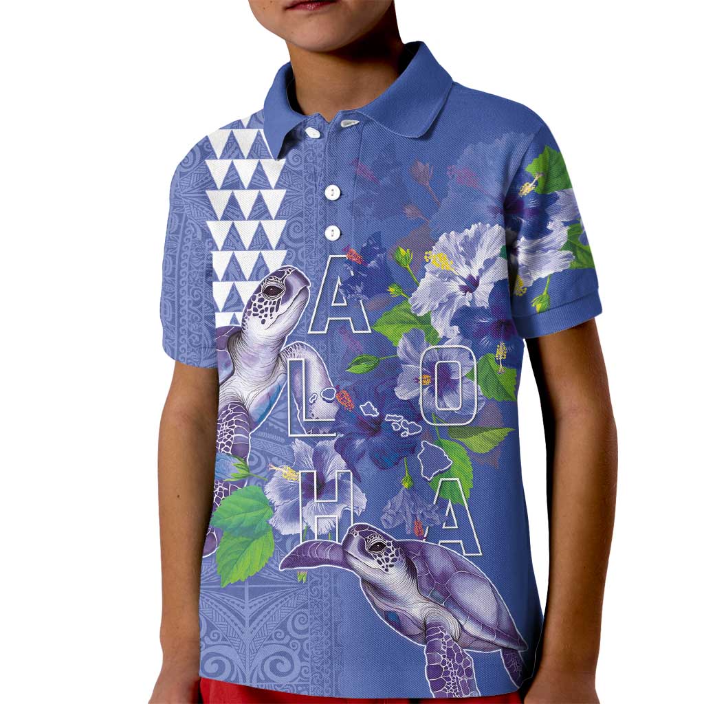 Hawaii Aloha Turtle Hibiscus and Leaves Kid Polo Shirt with Polynesian and Kakau Tattoos Denim Color LT03 Kid Blue - Polynesian Pride