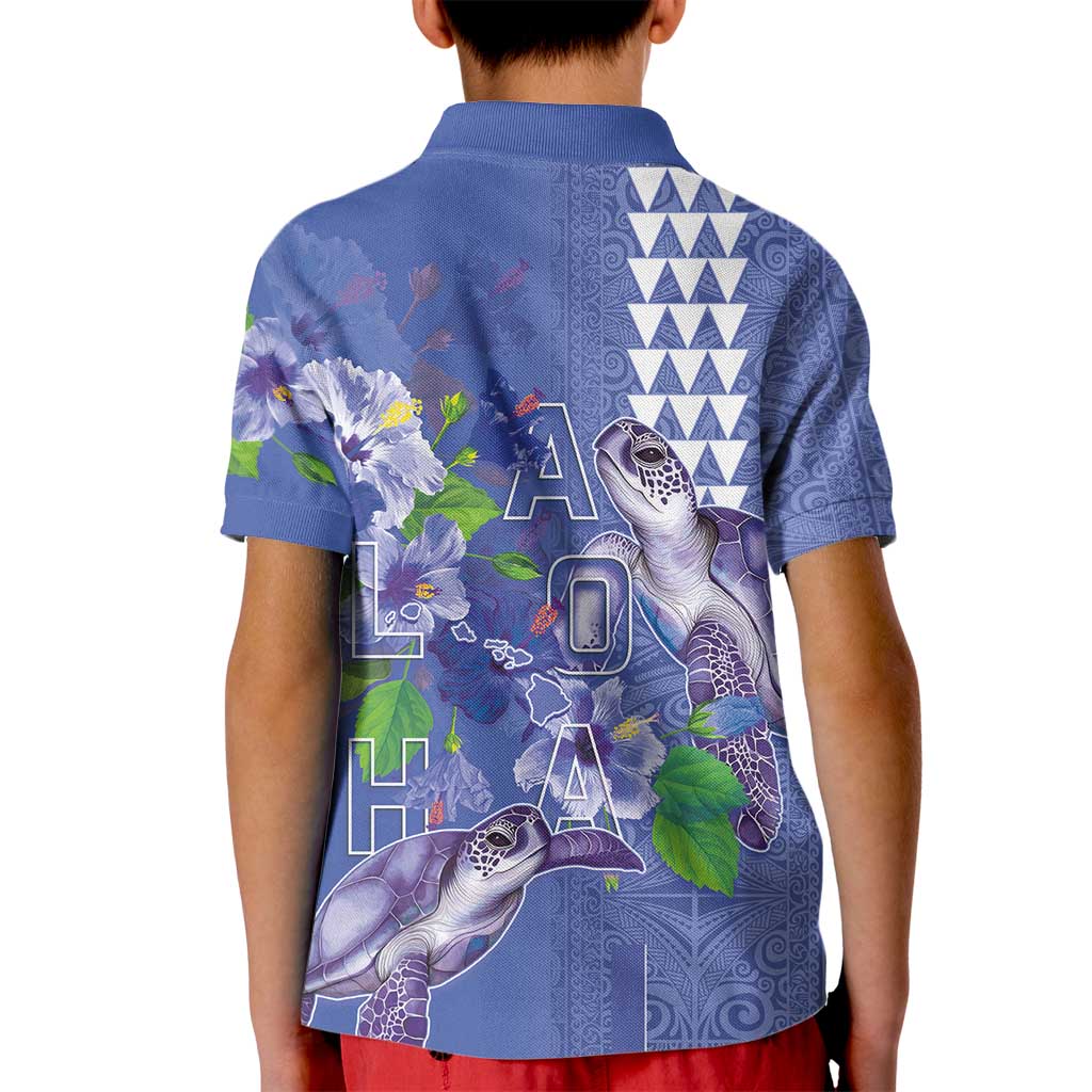 Hawaii Aloha Turtle Hibiscus and Leaves Kid Polo Shirt with Polynesian and Kakau Tattoos Denim Color LT03 - Polynesian Pride