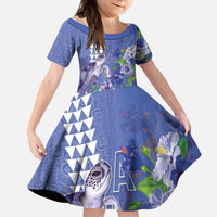 Hawaii Aloha Turtle Hibiscus and Leaves Kid Short Sleeve Dress with Polynesian and Kakau Tattoos Denim Color LT03 KID Blue - Polynesian Pride