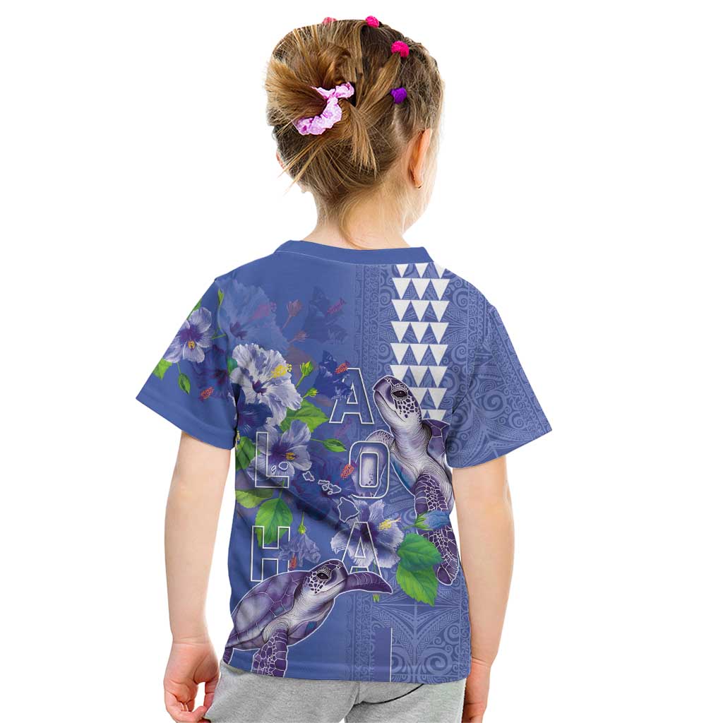 Hawaii Aloha Turtle Hibiscus and Leaves Kid T Shirt with Polynesian and Kakau Tattoos Denim Color LT03 - Polynesian Pride