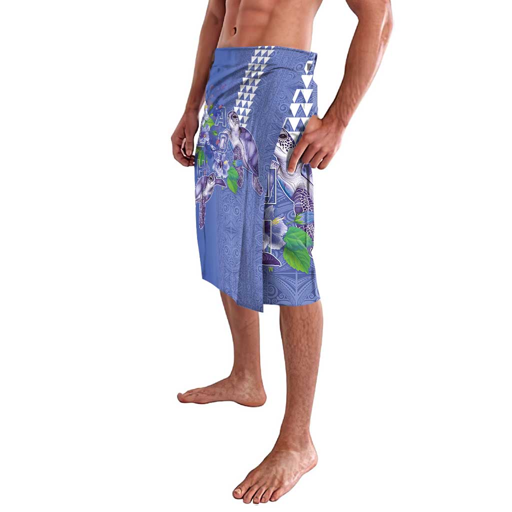 Hawaii Aloha Turtle Hibiscus and Leaves Lavalava with Polynesian and Kakau Tattoos Denim Color - Polynesian Pride