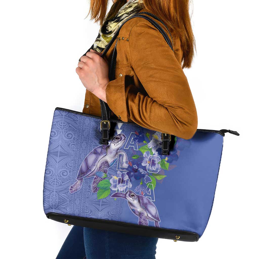 Hawaii Aloha Turtle Hibiscus and Leaves Leather Tote Bag with Polynesian and Kakau Tattoos Denim Color LT03 Blue - Polynesian Pride