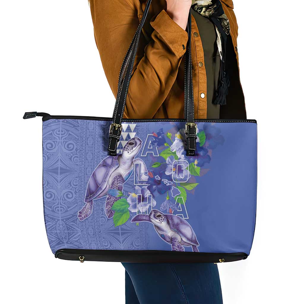 Hawaii Aloha Turtle Hibiscus and Leaves Leather Tote Bag with Polynesian and Kakau Tattoos Denim Color LT03 - Polynesian Pride