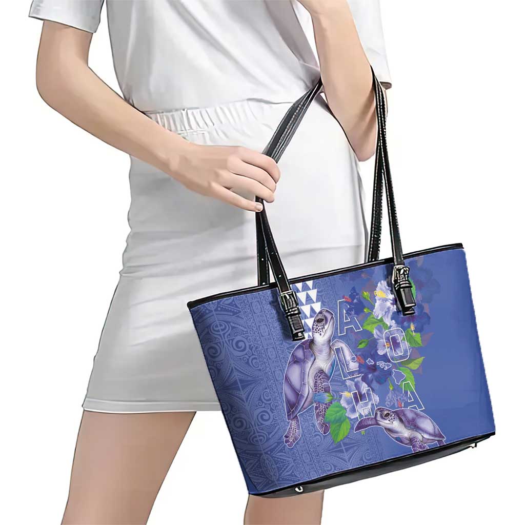Hawaii Aloha Turtle Hibiscus and Leaves Leather Tote Bag with Polynesian and Kakau Tattoos Denim Color LT03 - Polynesian Pride