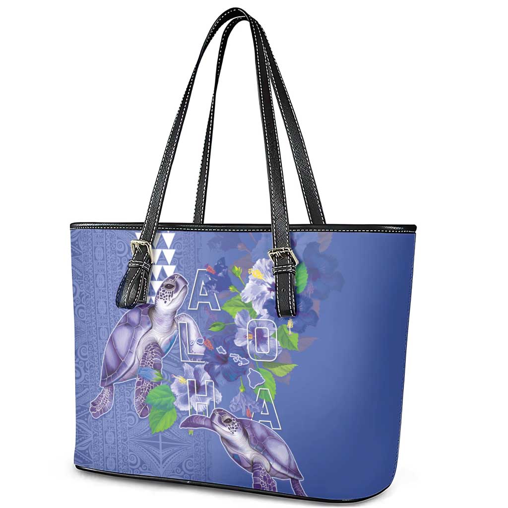 Hawaii Aloha Turtle Hibiscus and Leaves Leather Tote Bag with Polynesian and Kakau Tattoos Denim Color LT03 - Polynesian Pride