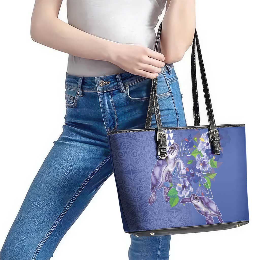 Hawaii Aloha Turtle Hibiscus and Leaves Leather Tote Bag with Polynesian and Kakau Tattoos Denim Color LT03 - Polynesian Pride