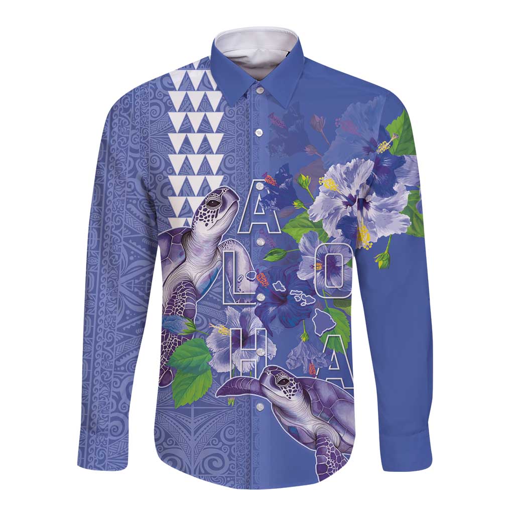 Hawaii Aloha Turtle Hibiscus and Leaves Long Sleeve Button Shirt with Polynesian and Kakau Tattoos Denim Color LT03 Unisex Blue - Polynesian Pride
