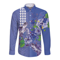 Hawaii Aloha Turtle Hibiscus and Leaves Long Sleeve Button Shirt with Polynesian and Kakau Tattoos Denim Color LT03 Unisex Blue - Polynesian Pride