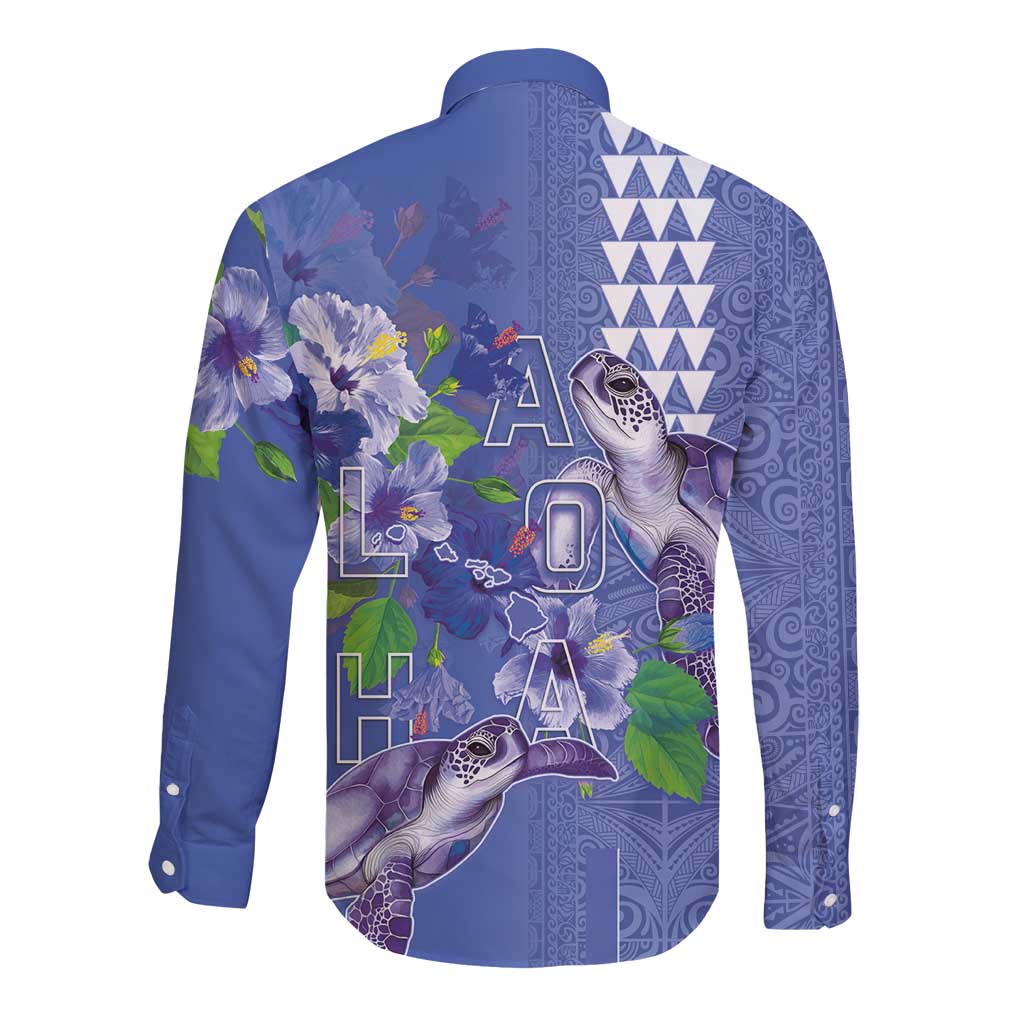 Hawaii Aloha Turtle Hibiscus and Leaves Long Sleeve Button Shirt with Polynesian and Kakau Tattoos Denim Color LT03 - Polynesian Pride