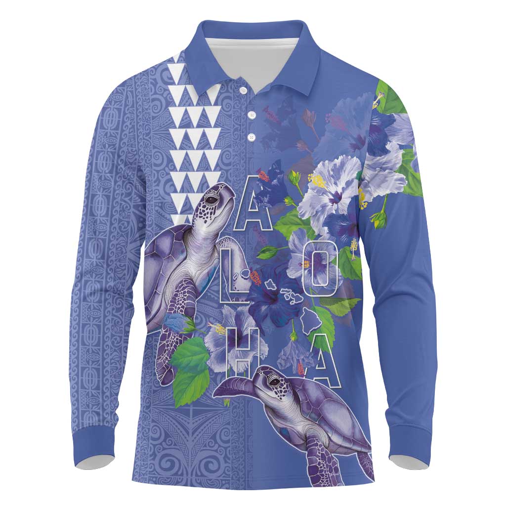 Hawaii Aloha Turtle Hibiscus and Leaves Long Sleeve Polo Shirt with Polynesian and Kakau Tattoos Denim Color LT03 Blue - Polynesian Pride