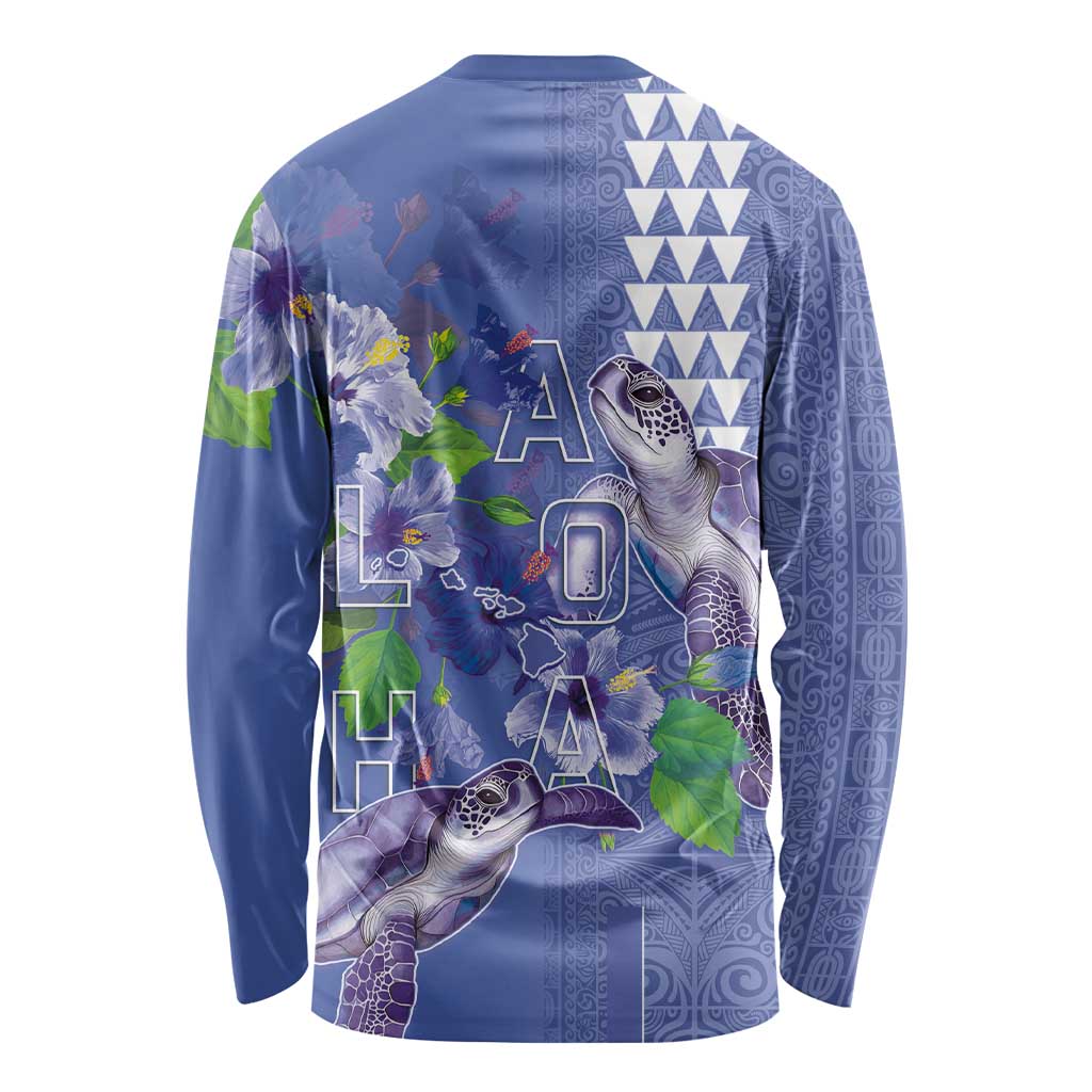 Hawaii Aloha Turtle Hibiscus and Leaves Long Sleeve Shirt with Polynesian and Kakau Tattoos Denim Color LT03 - Polynesian Pride