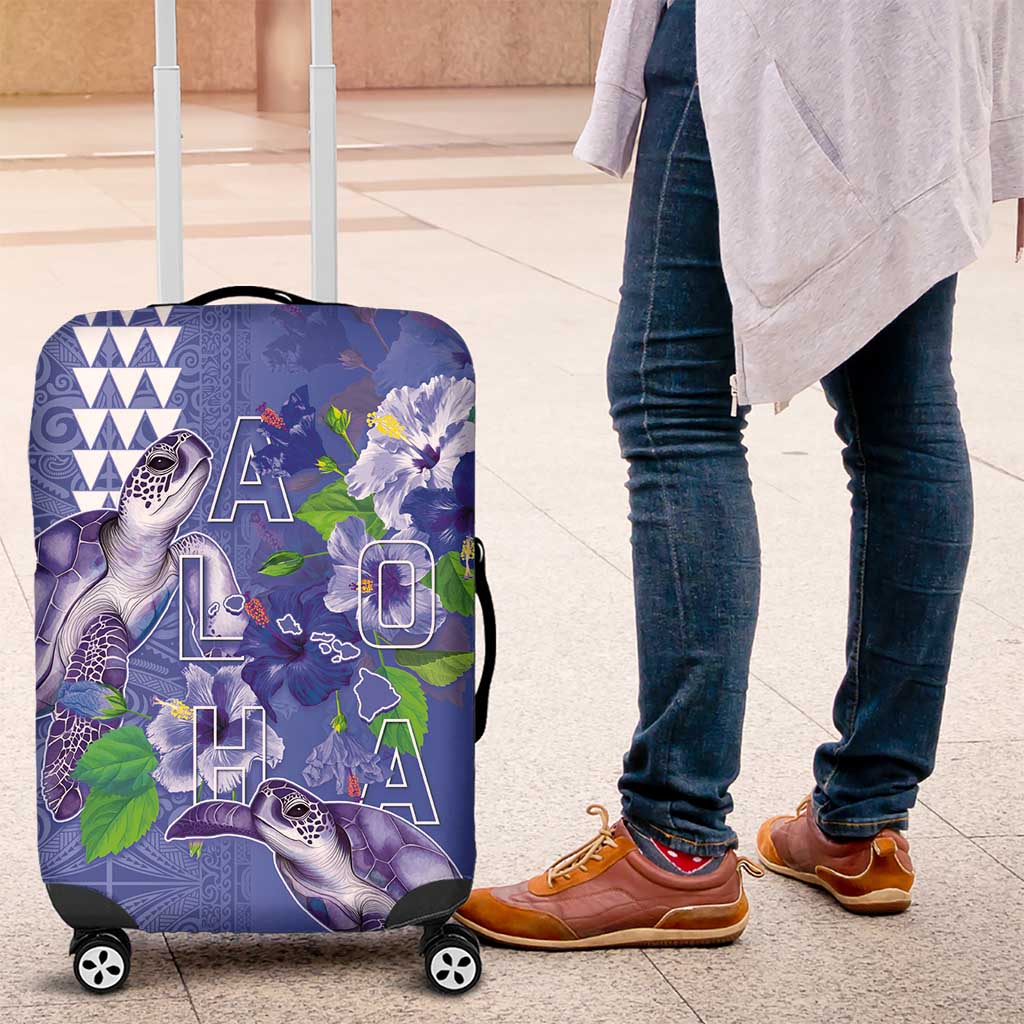 Hawaii Aloha Turtle Hibiscus and Leaves Luggage Cover with Polynesian and Kakau Tattoos Denim Color LT03 Blue - Polynesian Pride