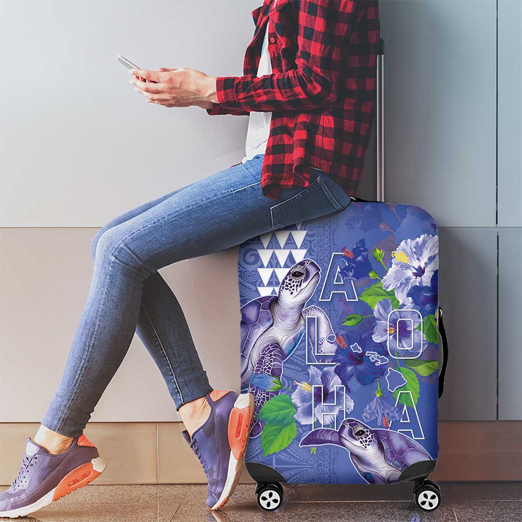 Hawaii Aloha Turtle Hibiscus and Leaves Luggage Cover with Polynesian and Kakau Tattoos Denim Color LT03 - Polynesian Pride