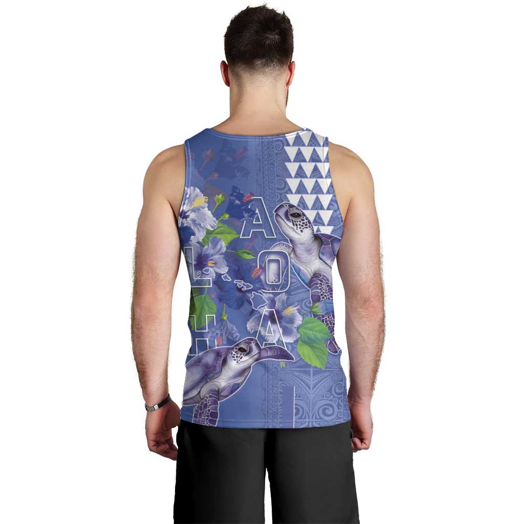Hawaii Aloha Turtle Hibiscus and Leaves Men Tank Top with Polynesian and Kakau Tattoos Denim Color LT03 - Polynesian Pride